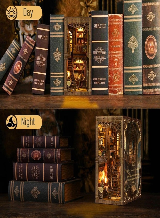 مجموعة ركن الكتب من نيستري - مجموعة منزل مصغر لتزيين رفوف الكتب، ألغاز خشبية ثلاثية الأبعاد يمكنك تركيبها بنفسك مع مصباح LED وغطاء واقٍ من الغبار، مجسمات مصغرة مستوحاة من المكتبات القديمة، هدية حرفية إبداعية للكبار ومحبي الكتب - Image 4